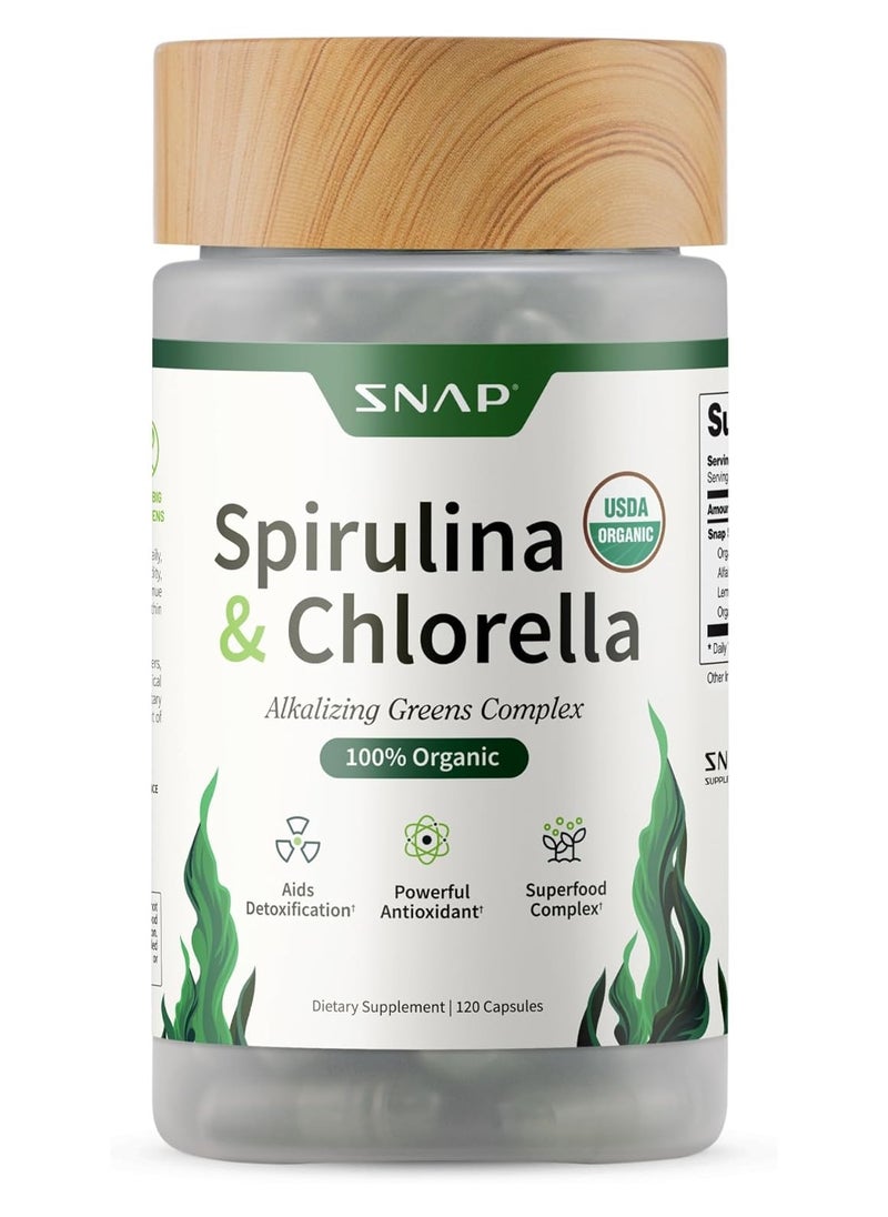 SNAP SUPPLEMENTS - Spirulina & Chlorella Alkalizing Greens Complex 100 % Organic Aids Detocification Powerful Antioxidant Superfood Complex - Dietary Supplement - 120 Capsules - Image 1