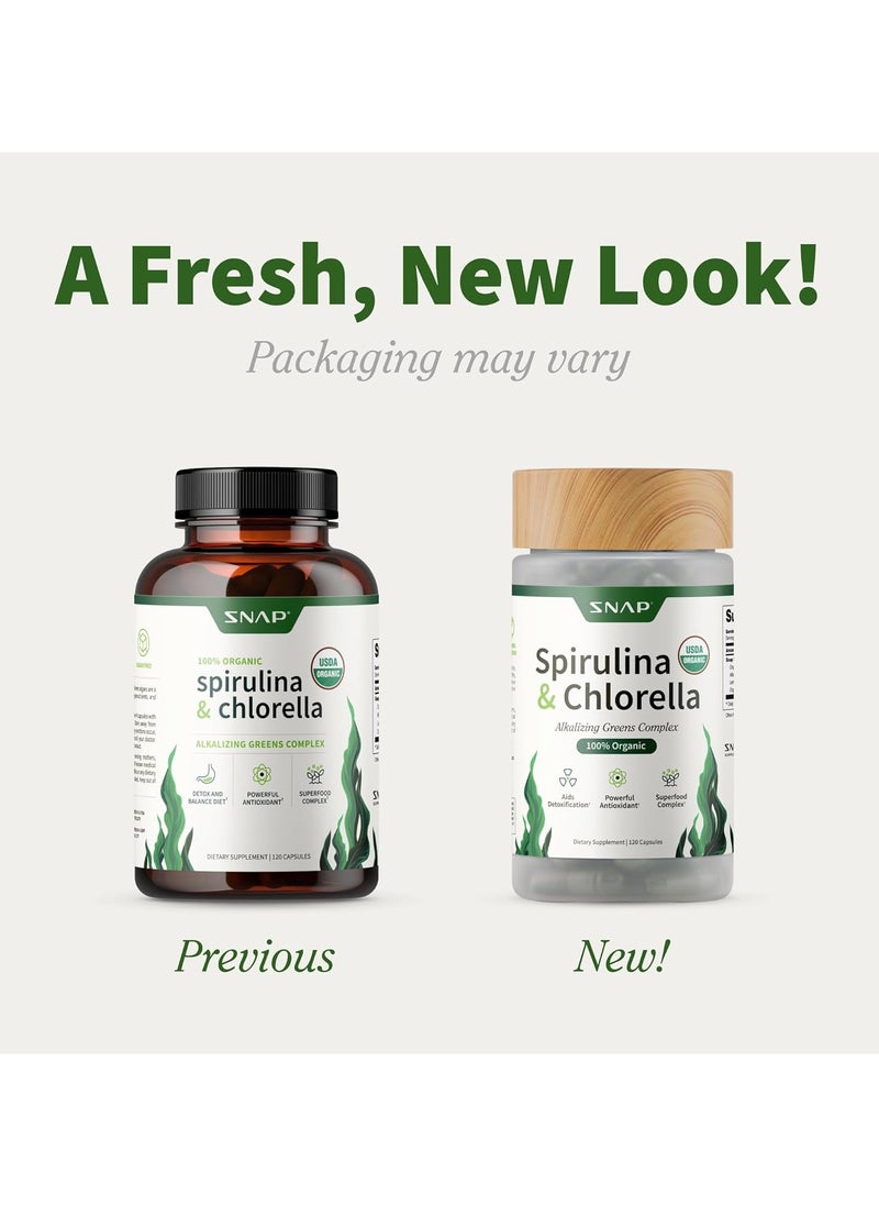 SNAP SUPPLEMENTS - Spirulina & Chlorella Alkalizing Greens Complex 100 % Organic Aids Detocification Powerful Antioxidant Superfood Complex - Dietary Supplement - 120 Capsules - Image 1