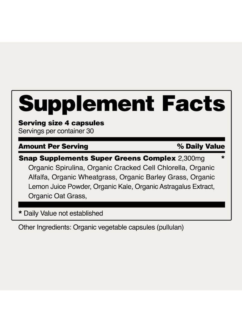 SNAP SUPPLEMENTS - Spirulina & Chlorella Alkalizing Greens Complex 100 % Organic Aids Detocification Powerful Antioxidant Superfood Complex - Dietary Supplement - 120 Capsules - Image 1