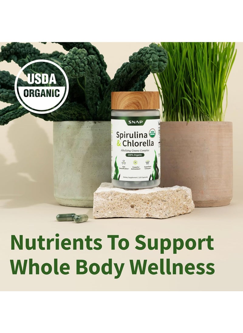 SNAP SUPPLEMENTS - Spirulina & Chlorella Alkalizing Greens Complex 100 % Organic Aids Detocification Powerful Antioxidant Superfood Complex - Dietary Supplement - 120 Capsules - Image 1