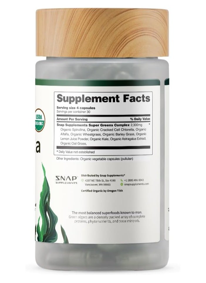 SNAP SUPPLEMENTS - Spirulina & Chlorella Alkalizing Greens Complex 100 % Organic Aids Detocification Powerful Antioxidant Superfood Complex - Dietary Supplement - 120 Capsules - Image 1