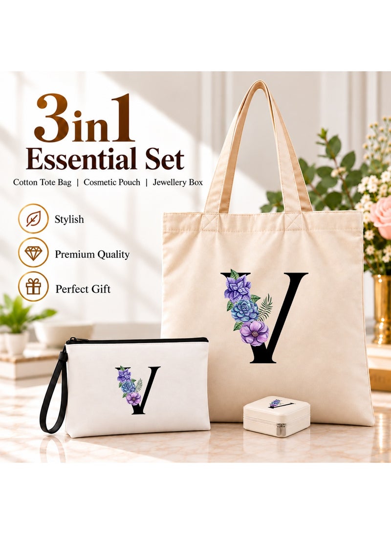برينت شوب فور مي مجموعة هدايا (حرف مزين بالزهور): حقيبة تسوق (Tote Bag) + حقيبة صغيرة (Pouch) + علبة مجوهرات (3 في 1) - Image 2