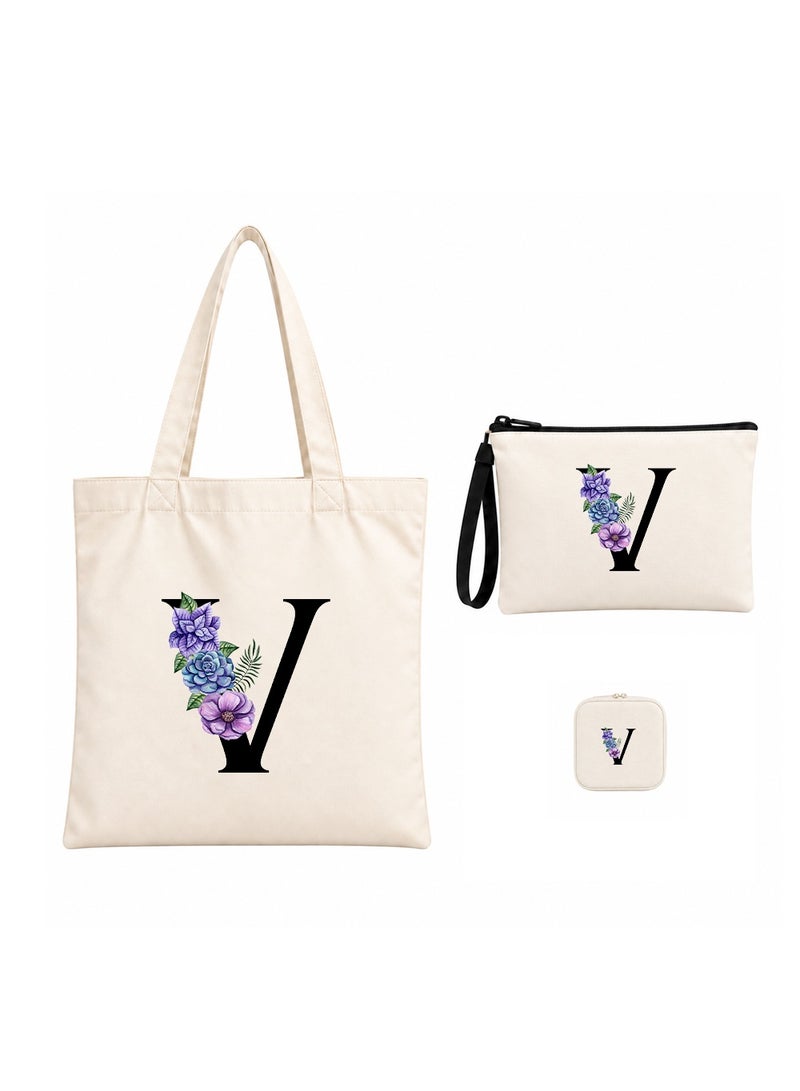 برينت شوب فور مي مجموعة هدايا (حرف مزين بالزهور): حقيبة تسوق (Tote Bag) + حقيبة صغيرة (Pouch) + علبة مجوهرات (3 في 1) - Image 1
