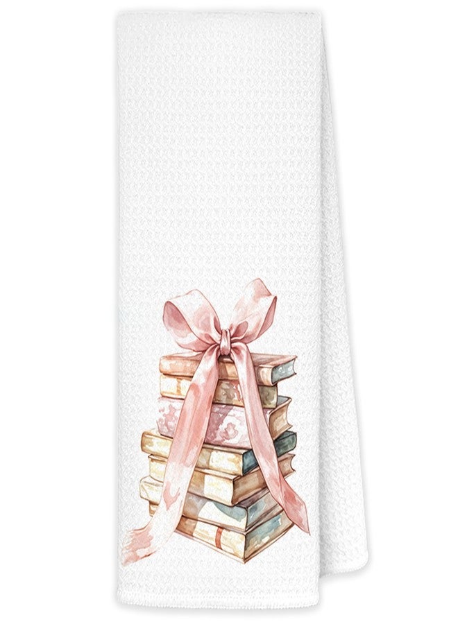 JINYO Coquette Pink Bow Kitchen Towels, Book Lover Hand Towels, Preppy Bookish Gifts for Women, Bookworm Dish Towels, 16x24 Inch - Image 1