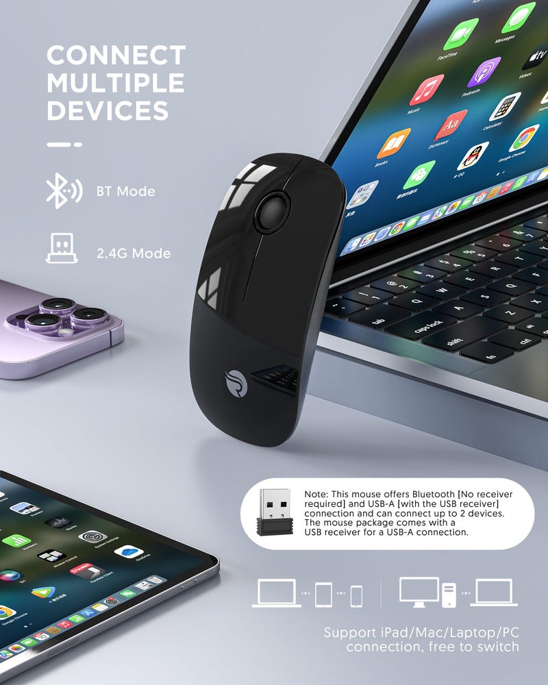 RAPIQUE Bluetooth Wireless Mouse - (BT5.1+USB) Slim Dual Mode Computer Mice with Quiet Click, Low Power, and 1600 DPI, Portable Mouse for MacBook, Laptop, iPad Pro/Air, Surface Pro (Black) - Image 2