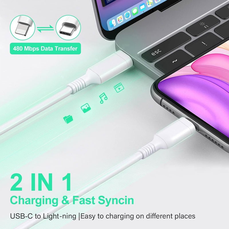 ONE TO FOUR USB C to 8-Pin Cable 2M, Fast Charging Cord Compatible with iPhone 14 Pro Max/13/12/11 Pro/X/XS/XR/8 Plus, Supports Power Delivery, White - Image 3