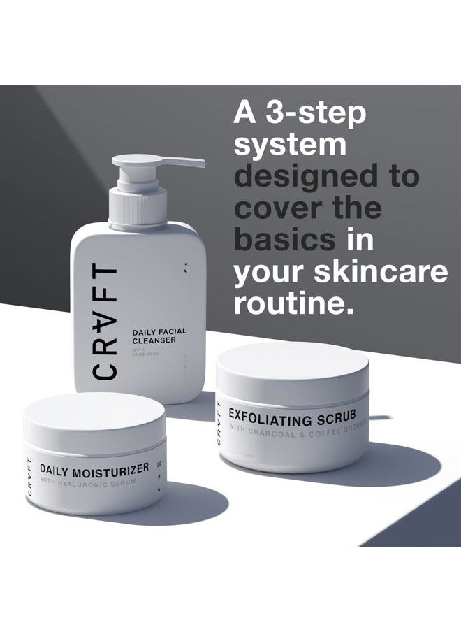 Hair Craft Co. - CRVFT Men's Facial Care Kit | Aloe Vera Face Wash 3oz | Hyaluronic Moisturizer 1oz | Charcoal Exfoliating Scrub 1.7oz | 3 Piece Complete Daily Skin Care System | Look + Feel Your Best [Scented] - Image 1