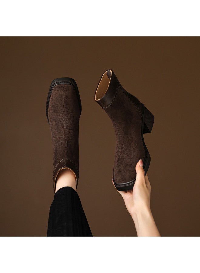 AME Fashion Patchwork Ankle Boots Women's 2025 Autumn Winter New Simple Stitching Design Chunky Heel Commuter Boots - Image 2
