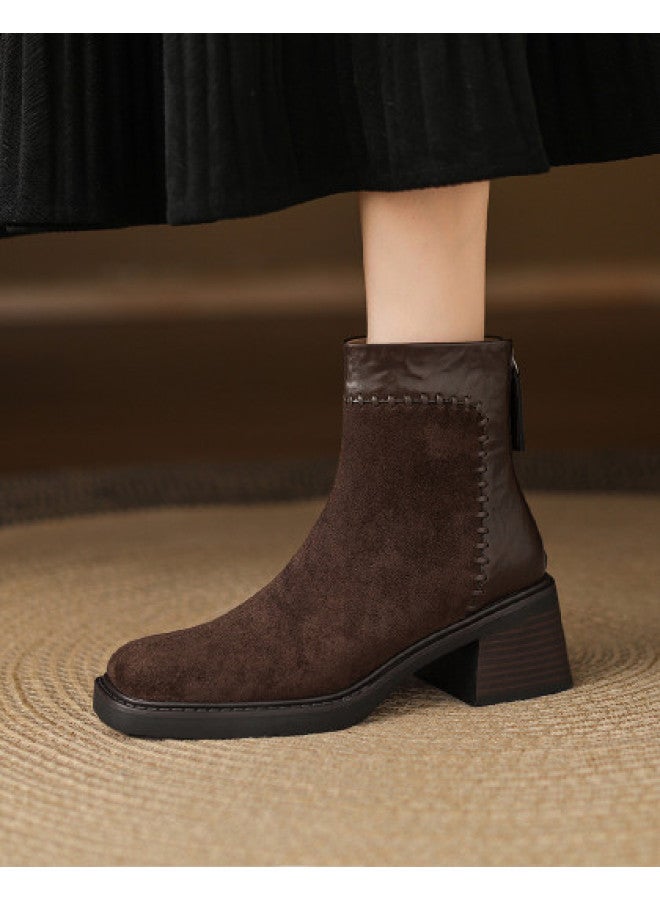 AME Fashion Patchwork Ankle Boots Women's 2025 Autumn Winter New Simple Stitching Design Chunky Heel Commuter Boots - Image 1