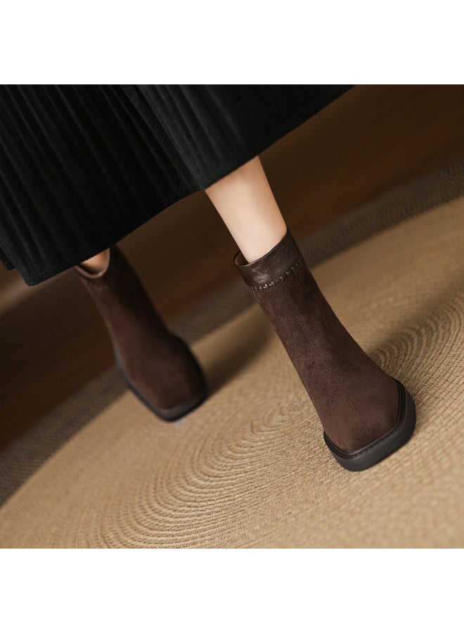 AME Fashion Patchwork Ankle Boots Women's 2025 Autumn Winter New Simple Stitching Design Chunky Heel Commuter Boots - Image 4