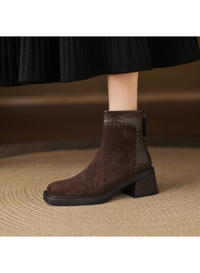 AME Fashion Patchwork Ankle Boots Women's 2025 Autumn Winter New Simple Stitching Design Chunky Heel Commuter Boots - Image 3