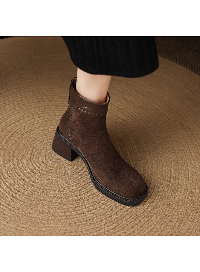 AME Fashion Patchwork Ankle Boots Women's 2025 Autumn Winter New Simple Stitching Design Chunky Heel Commuter Boots - Image 5