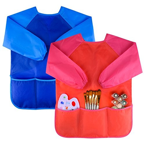 KUUQA 2 Pieces Waterproof Childrens Art Smock Kids Art Aprons with Long Sleeve 3 Roomy PocketsPaints and brushes not included - Image 1