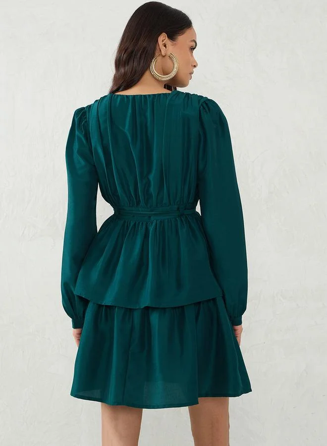 Femmella Emerald Green Long Sleeve A-Line Mini Dress