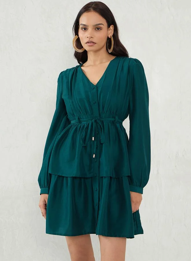 Femmella Emerald Green Long Sleeve A-Line Mini Dress
