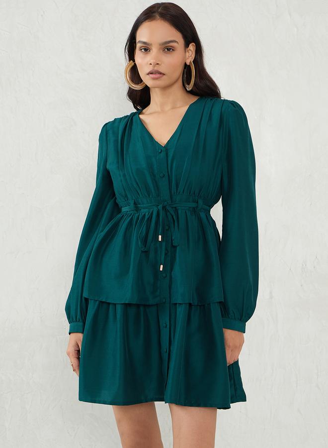Femmella Emerald Green Long Sleeve A-Line Mini Dress - Image 1
