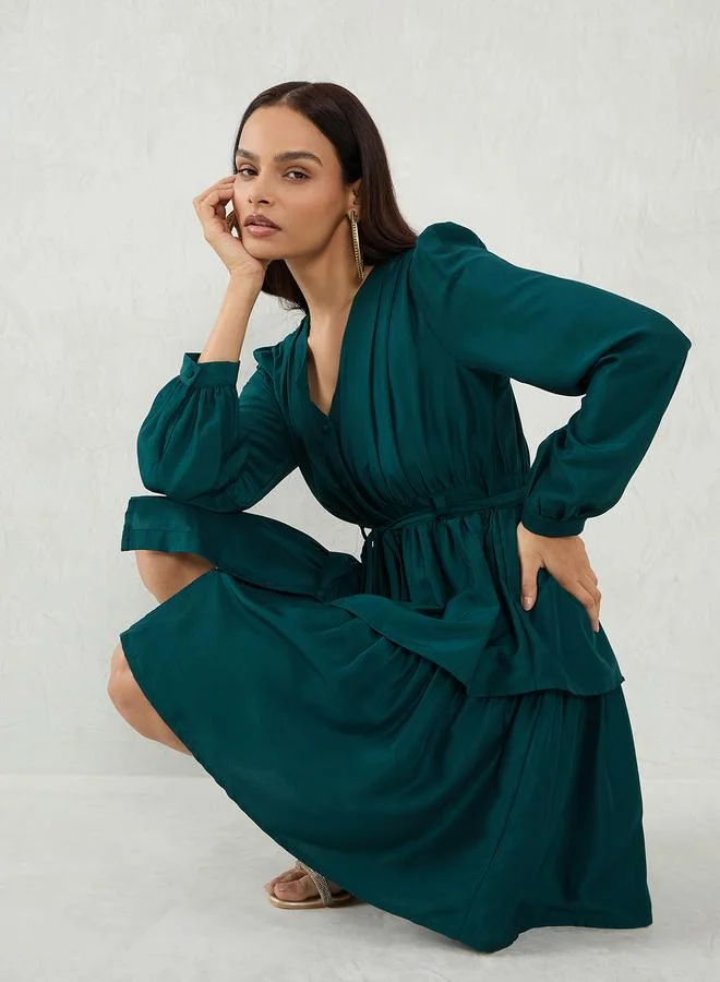 Femmella  Emerald Green Long Sleeve A-Line Mini Dress for Women | Best Price UAE