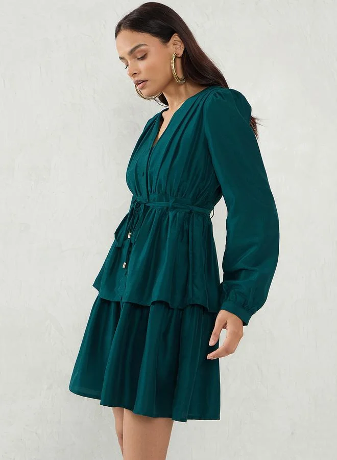 Femmella  Emerald Green Long Sleeve A-Line Mini Dress for Women | Best Price UAE