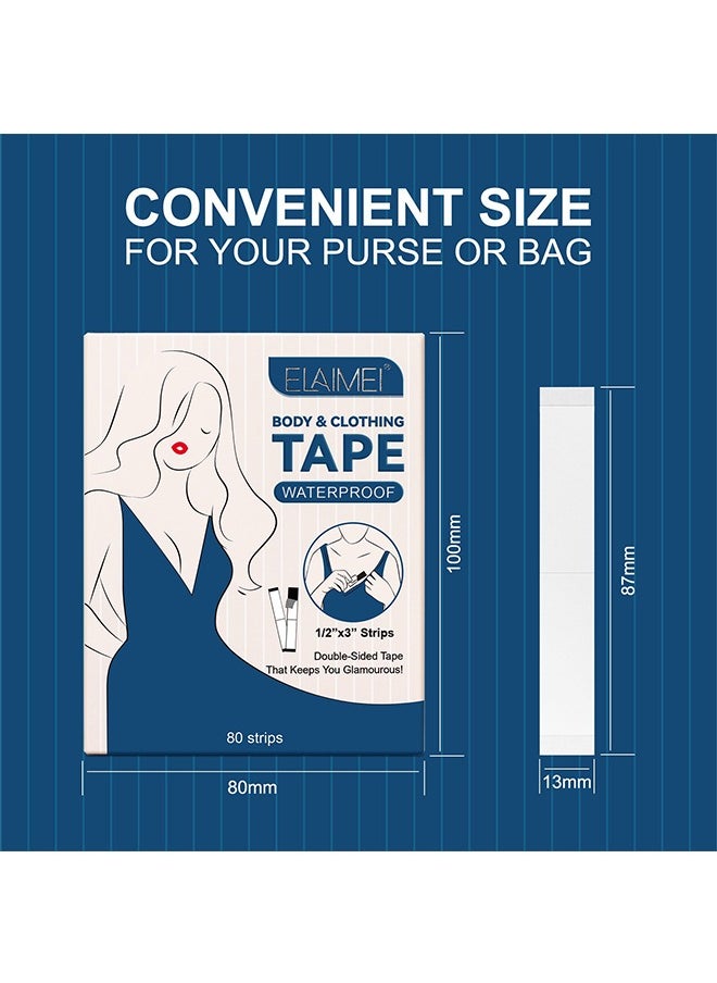Elaimei - 80 Strips Double Sided Tape for Clothes Body Strength Tape Adhesive on Skin and Fabrics Clear Tape for All Skin Tones and Fabrics - Image 1