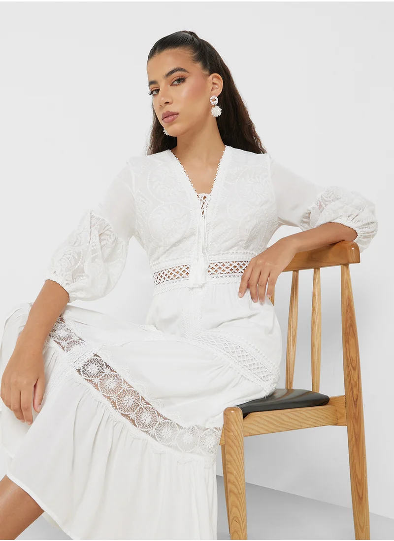 Ginger Broderie Detail Tiered Midi Dress