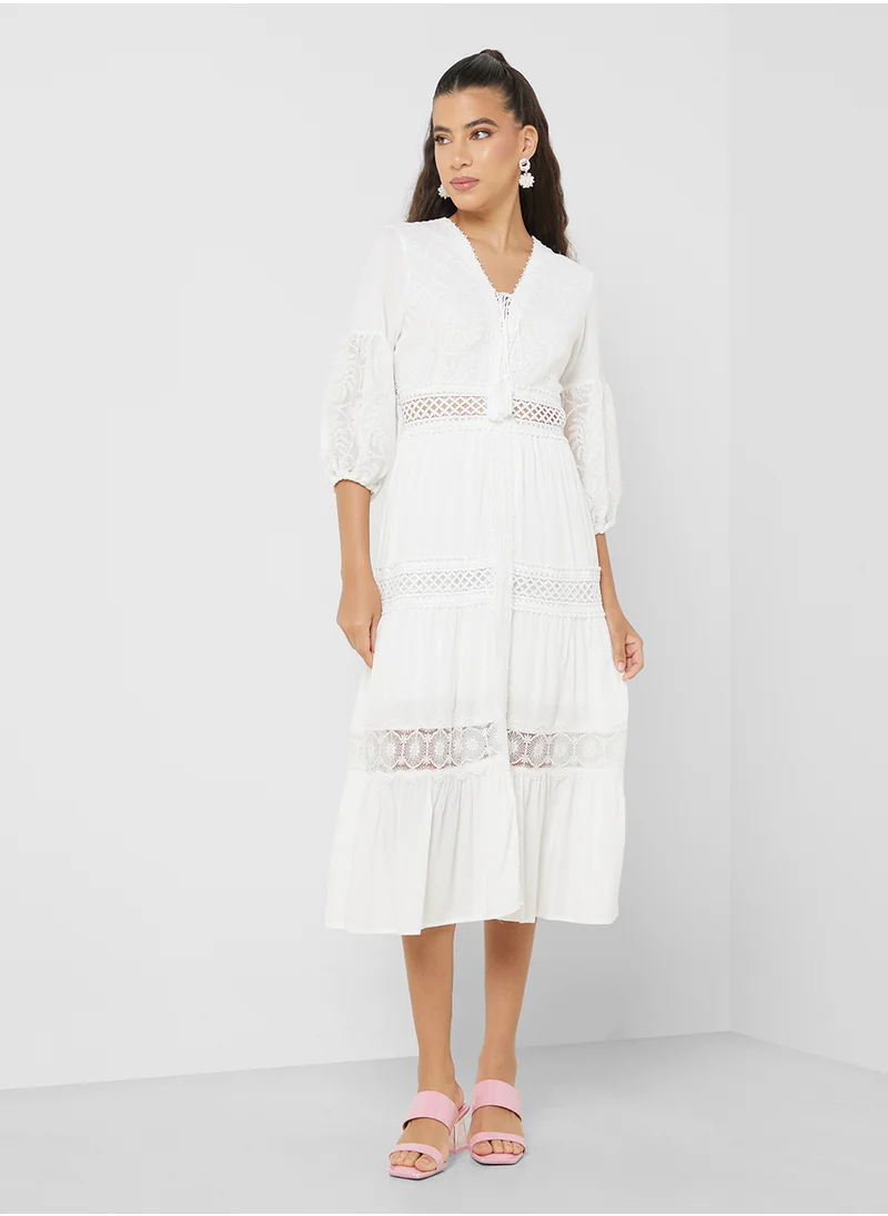 Ginger Broderie Detail Tiered Midi Dress
