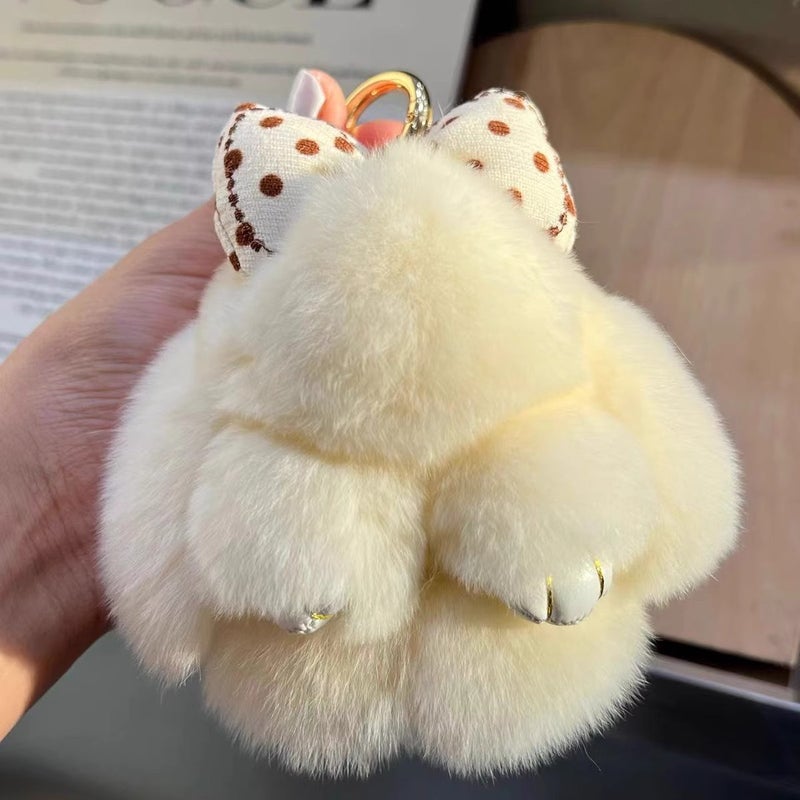 Cute bowknot bunny real Rex rabbit fur car keychain pendant ins plush doll schoolbag bag ornaments Beige - Image 1