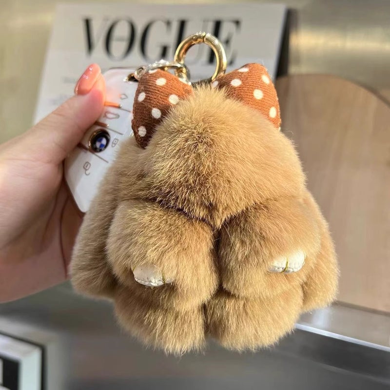 Cute bowknot bunny real Rex rabbit fur car keychain pendant ins plush doll schoolbag bag ornaments Beige - Image 2