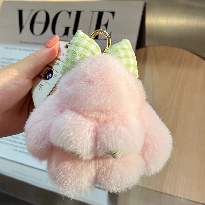 Cute bowknot bunny real Rex rabbit fur car keychain pendant ins plush doll schoolbag bag ornaments Beige - Image 4