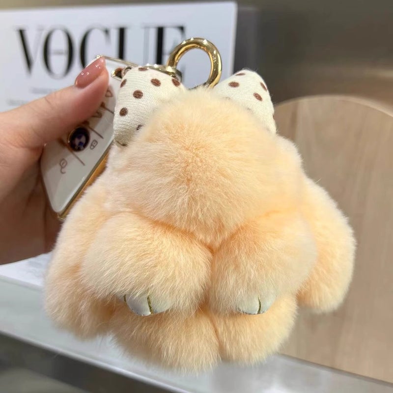Cute bowknot bunny real Rex rabbit fur car keychain pendant ins plush doll schoolbag bag ornaments Beige - Image 3