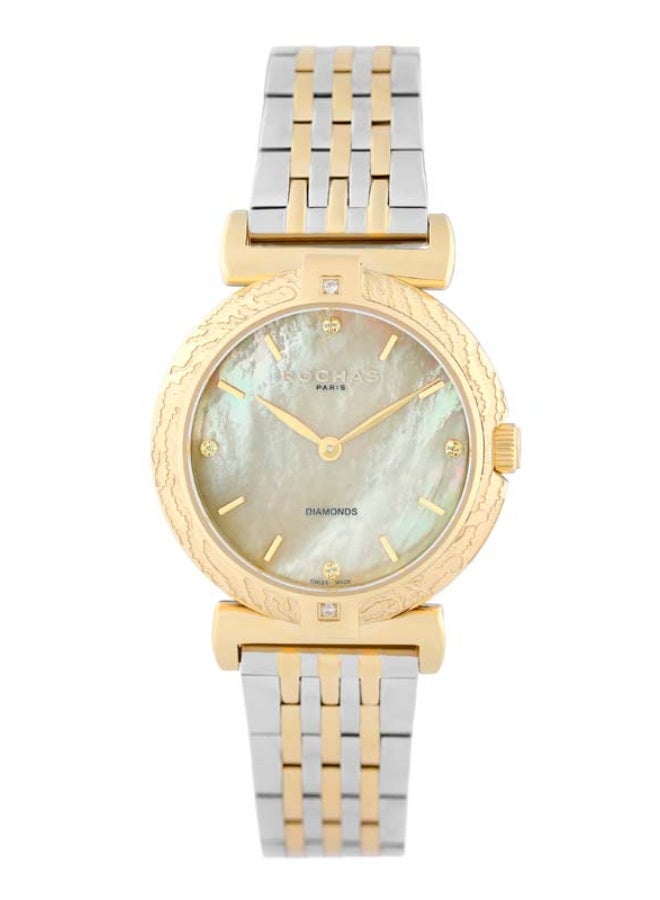 Rochas Ladies 32 mm Swiss Watch with White Mother-of-Pearl Dial and Stainless Steel Bracelet + 2pcs 1.3mm Diamonds on Case and 4pcs 1.0mm Diamonds on Dial - RWF216