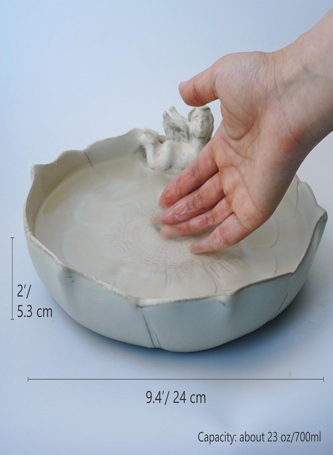 Yeaco Beige White Angel Ceramic Wild Bird Bath Bowl or Feeder for Outdoor Garden, Bowl Only - Image 4