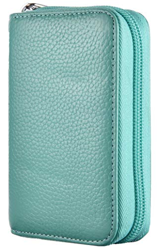 Easyoulife Genuine Leather Credit Card Holder Zipper Wallet With 26 Card Slots (Teal) - Image 1