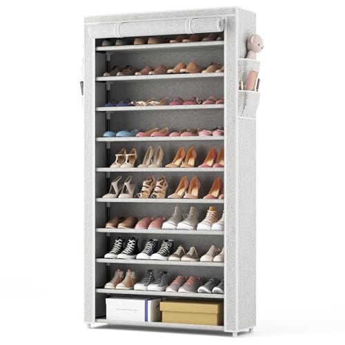 ROJASOP 10 Tier Shoe Rack with Covers Large Capacity Stackable Tall Shoe Shelf Storage for 5055 Pairs Shoe and Boot Sturdy Free Standing Shoe Rack Organizer for Closet Entryway Bedroom