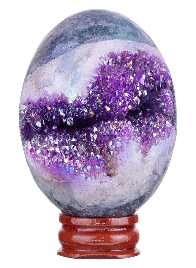 Rockcloud Titanium Coated Purple Quartz Crystal Sphere with Wood Stand, Natural Rock Crystal Geode Ball for Divination Home Decor, 61-70mm - Image 1