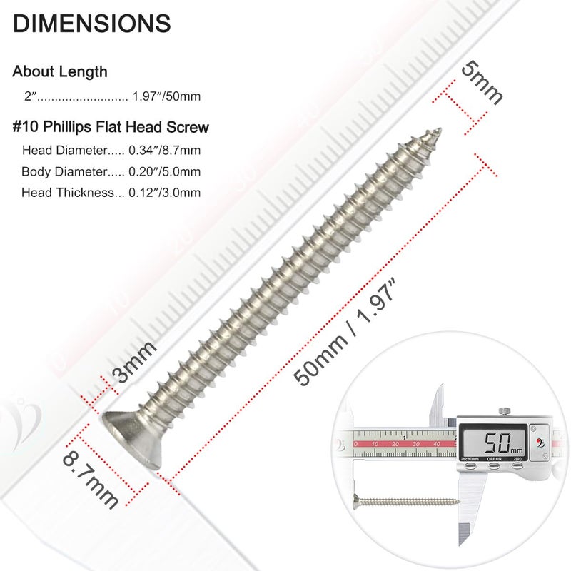 Kinder Wood Screws - 35PCS Flat Head Phillips Screws, 304 Stainless Steel Screw (#10 x 2) - Image 5