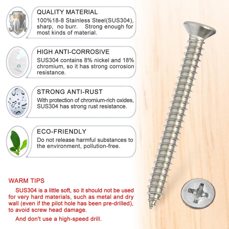 Kinder Wood Screws - 35PCS Flat Head Phillips Screws, 304 Stainless Steel Screw (#10 x 2) - Image 2
