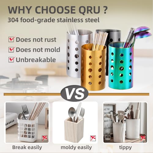 QRU Kitchen Utensil Holder for Countertop (H6.7” x W4.1”), Stainless Steel Cooking Utensil Caddy for Tools, Spatulas, Spoons, Silverware & More, Cooking Utensil Organizer, Kitchen Decor (Gold) - Image 2