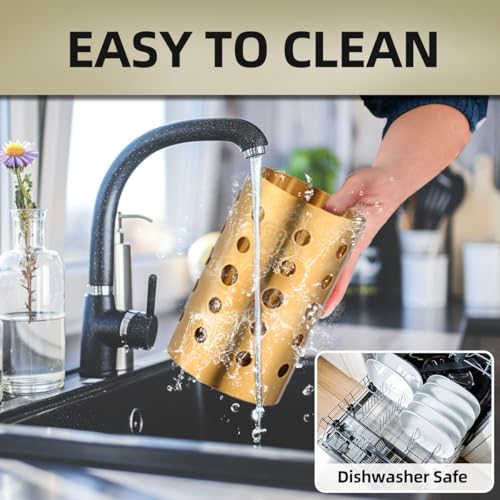 QRU Kitchen Utensil Holder for Countertop (H6.7” x W4.1”), Stainless Steel Cooking Utensil Caddy for Tools, Spatulas, Spoons, Silverware & More, Cooking Utensil Organizer, Kitchen Decor (Gold) - Image 5