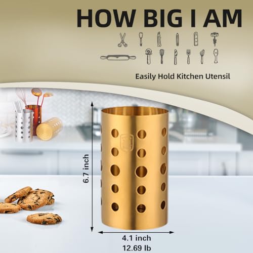 QRU Kitchen Utensil Holder for Countertop (H6.7” x W4.1”), Stainless Steel Cooking Utensil Caddy for Tools, Spatulas, Spoons, Silverware & More, Cooking Utensil Organizer, Kitchen Decor (Gold) - Image 3