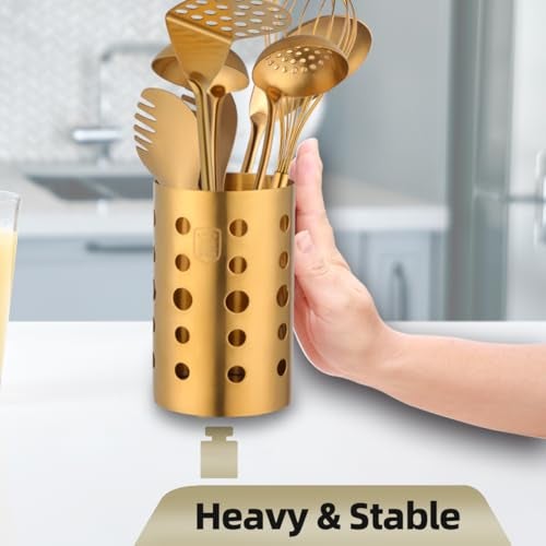 QRU Kitchen Utensil Holder for Countertop (H6.7” x W4.1”), Stainless Steel Cooking Utensil Caddy for Tools, Spatulas, Spoons, Silverware & More, Cooking Utensil Organizer, Kitchen Decor (Gold) - Image 4