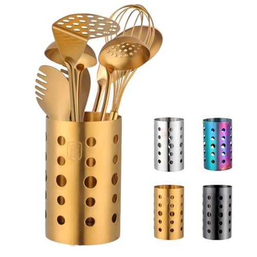 QRU Kitchen Utensil Holder for Countertop (H6.7” x W4.1”), Stainless Steel Cooking Utensil Caddy for Tools, Spatulas, Spoons, Silverware & More, Cooking Utensil Organizer, Kitchen Decor (Gold) - Image 1