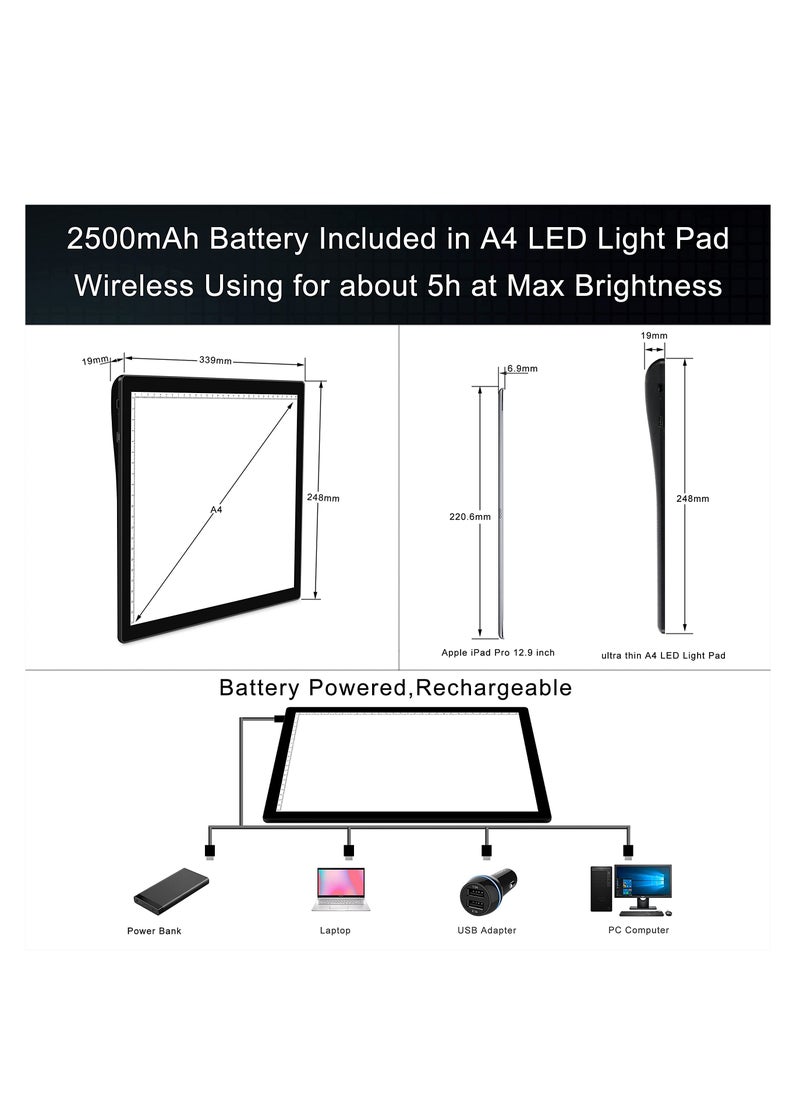 SYOSI - A4 Wireless Battery Powered Light Pad, Portable Cordless Copy Board, LED Light Board Tracing Light Box Dimmable Brightness Rechargeable Copy Board for Artist Drawing Sketching X-ray Viewing - Image 1