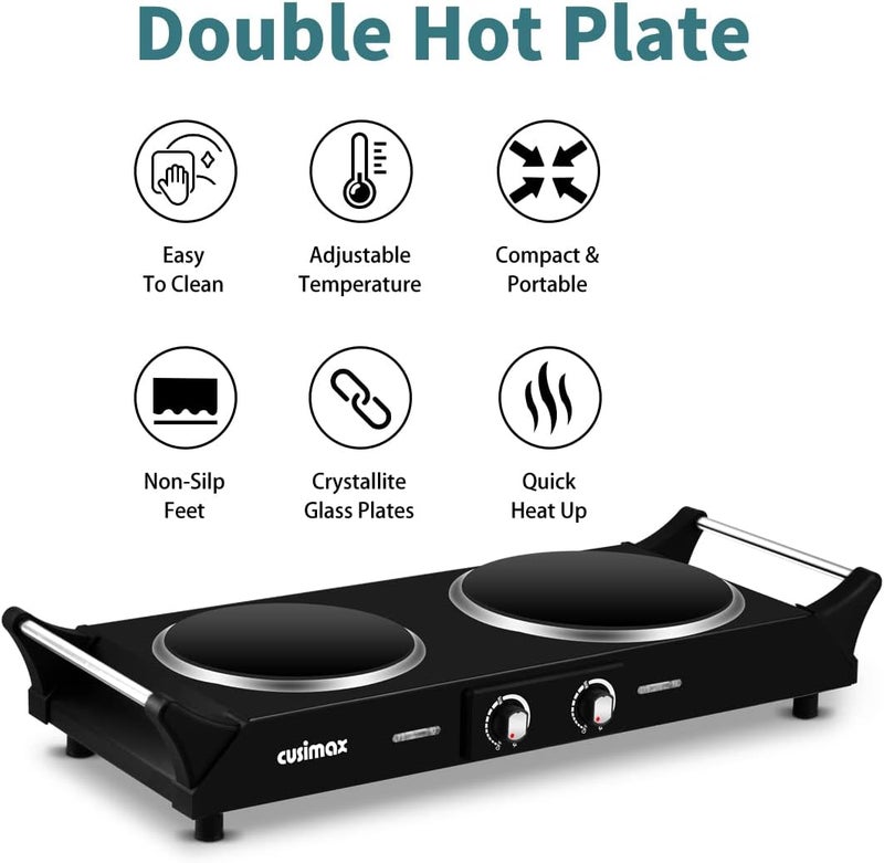 CUSIMAX Infrared Hot Plate 900W+1200W with Portable Anti-scald Handles Countertop Burner for Cooking, Independent Temperature Electric Stove for All Cookwares, Black - Image 2