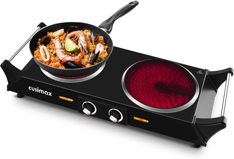 CUSIMAX Infrared Hot Plate 900W+1200W with Portable Anti-scald Handles Countertop Burner for Cooking, Independent Temperature Electric Stove for All Cookwares, Black - Image 1