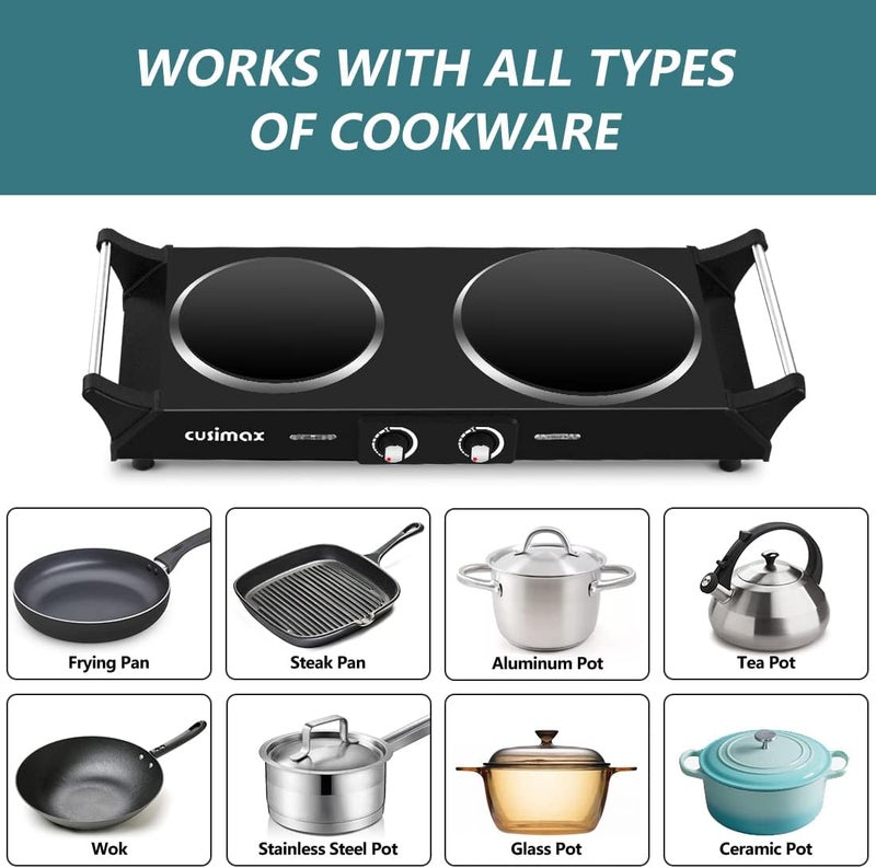 CUSIMAX Infrared Hot Plate 900W+1200W with Portable Anti-scald Handles Countertop Burner for Cooking, Independent Temperature Electric Stove for All Cookwares, Black - Image 3