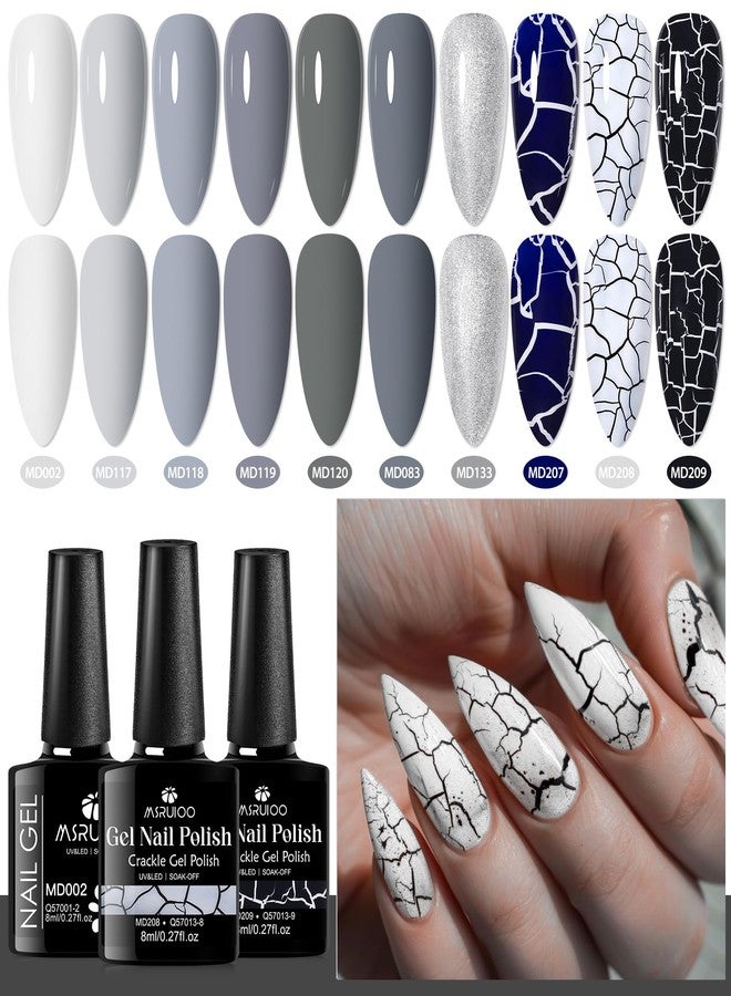 MSRUIOO Grey Gel Nail Polish Set 3D Crackle Nail Gel Nail Polish, Gray Tone Dark Collection Cracked Black Gel Polish Amazing Cool Crackle Effect Nail Art Kit 12PCS Manicure Gift - Image 5
