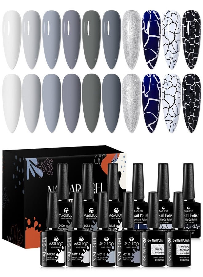 MSRUIOO Grey Gel Nail Polish Set 3D Crackle Nail Gel Nail Polish, Gray Tone Dark Collection Cracked Black Gel Polish Amazing Cool Crackle Effect Nail Art Kit 12PCS Manicure Gift - Image 1
