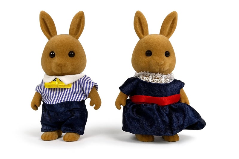 OLEOCA Family Brown Rabbit Figures â€” Set of 2 Collectible Flocked Mini Dolls with Removable Clothes, Miniature Dollhouse Pretend Play Figures for Kids Ages 3+ - Image 1