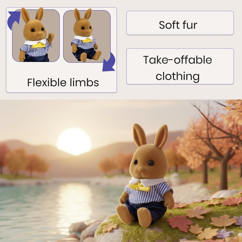 OLEOCA Family Brown Rabbit Figures â€” Set of 2 Collectible Flocked Mini Dolls with Removable Clothes, Miniature Dollhouse Pretend Play Figures for Kids Ages 3+ - Image 5