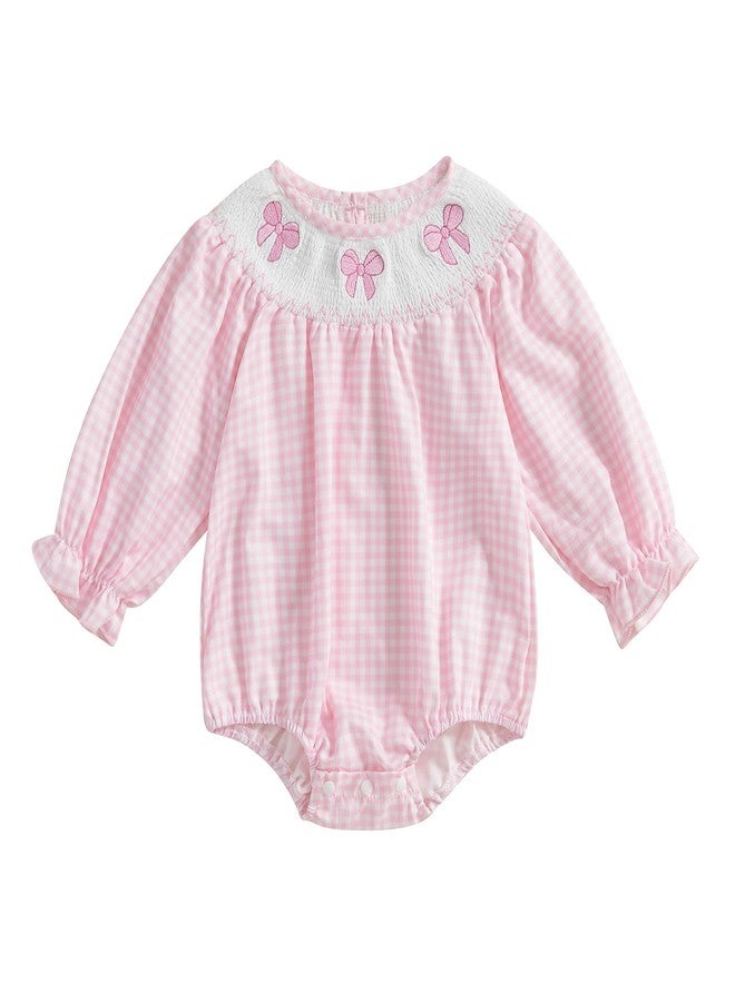 Lamuusaa Newborn Baby Girl Clothes Long Sleeve Smocked Romper Bow Embroidery Plaid Bodysuit Shirts Fall Outfits 0-18M (Pink, 12-18 Months) - Image 1